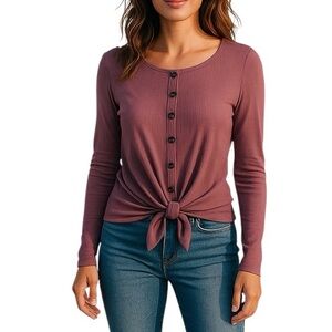 Moral Fiber Medium Dusty Pink Long Sleeve Ribbed Tie Front Casual Shirt Stretchy